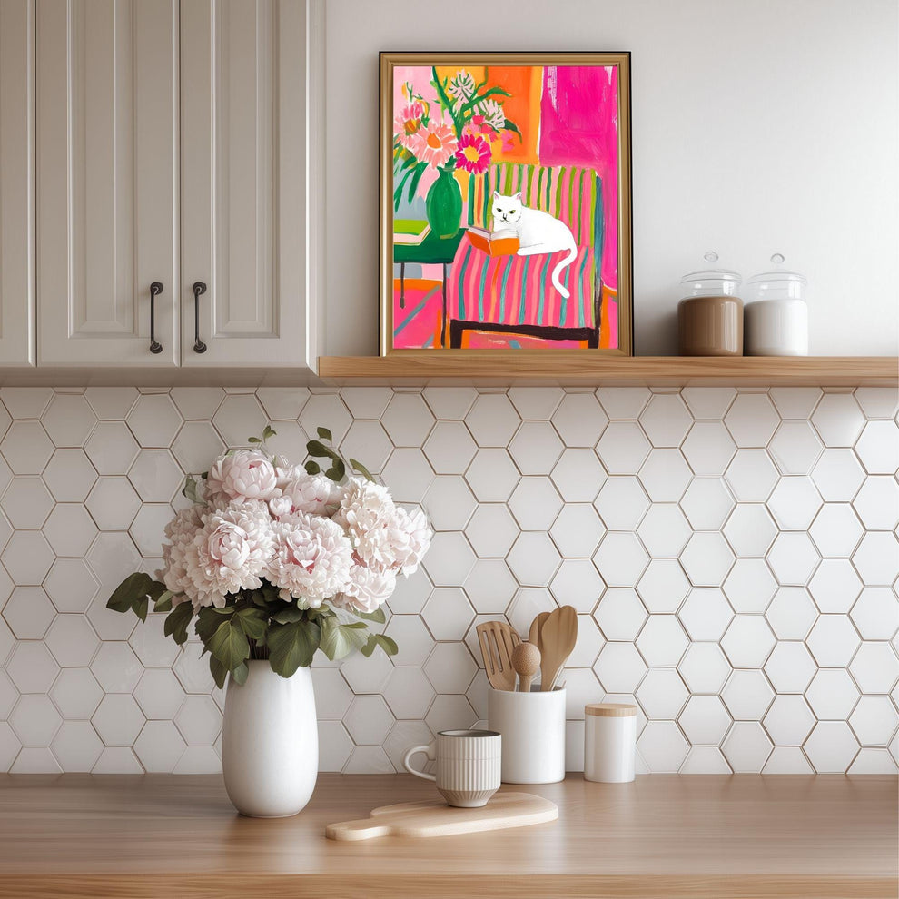 White Cat Reading Print – White Cat Wall Art Cozy Reading Nook Decor White Cat Gift for Book Lovers Dopamine Bookish Wall Art