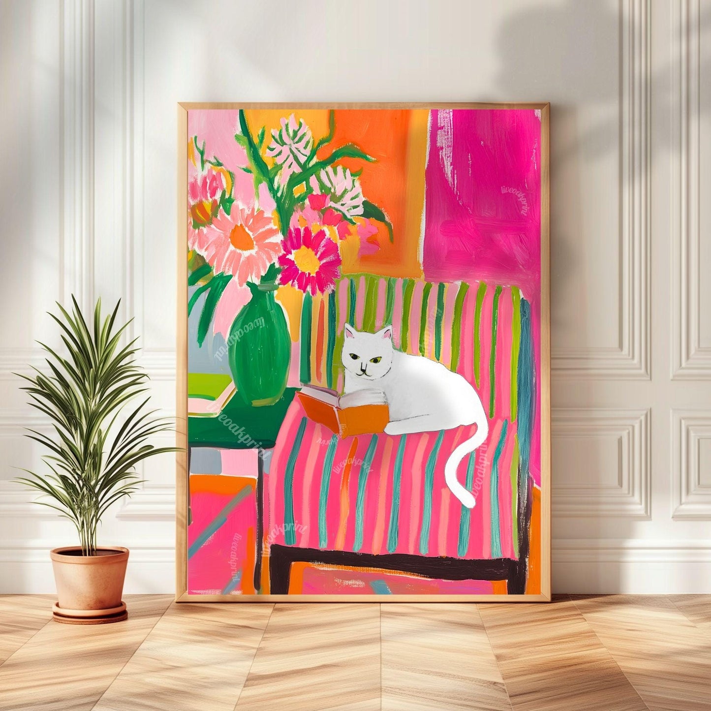 White Cat Reading Print – White Cat Wall Art Cozy Reading Nook Decor White Cat Gift for Book Lovers Dopamine Bookish Wall Art