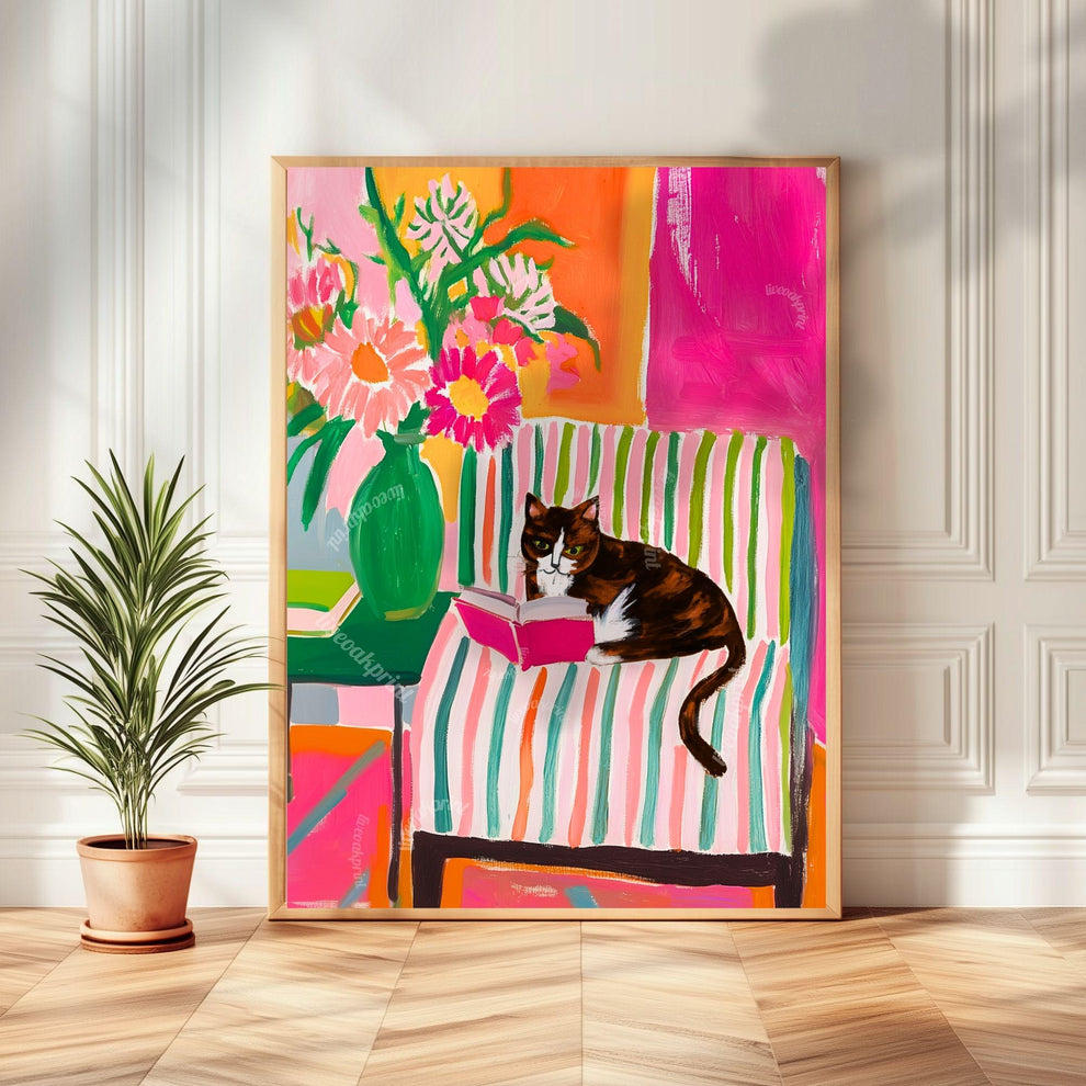 Calico Cat Reading Print – Calico Cat Wall Art Cozy Reading Nook Decor Calico Cat Gift for Book Lovers Dopamine Bookish Wall Art