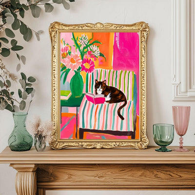 Calico Cat Reading Print – Calico Cat Wall Art Cozy Reading Nook Decor Calico Cat Gift for Book Lovers Dopamine Bookish Wall Art