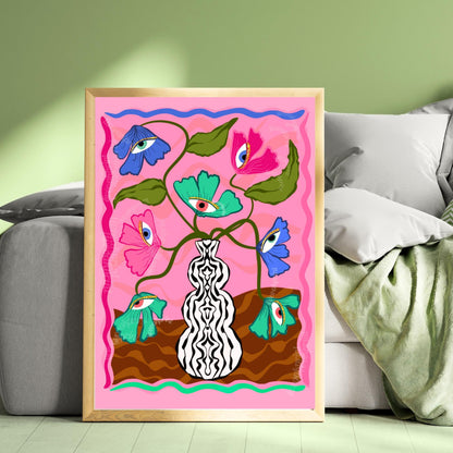 Soft Surreal Eye Flower Print – Pink Trippy Maximalist Wall Art Dopamine Vase Poster Funky Retro Decor Dopamine Aesthetic Eyeball Art