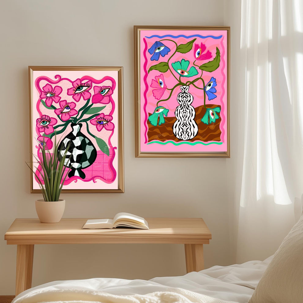Surreal Eye Flower Set of Two Art Prints - Pink Maximalist Wall Decor Weird Wall Art