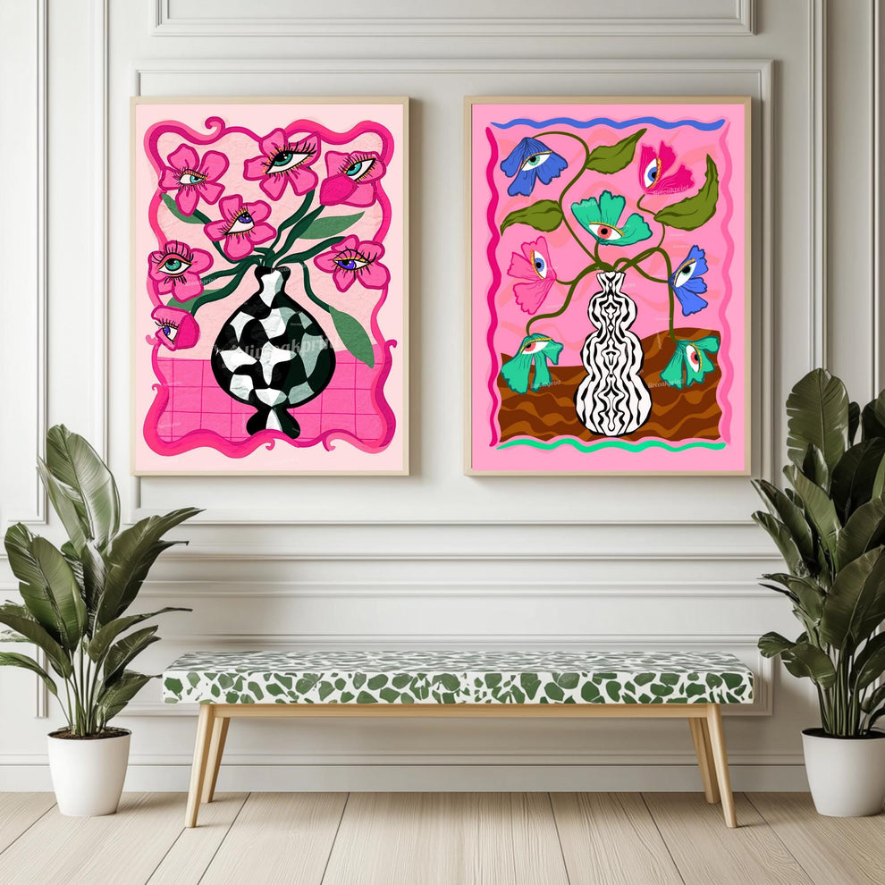 Surreal Eye Flower Set of Two Art Prints - Pink Maximalist Wall Decor Weird Wall Art