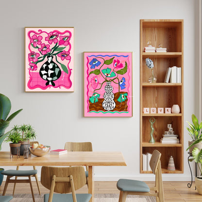 Surreal Eye Flower Set of Two Art Prints - Pink Maximalist Wall Decor Weird Wall Art