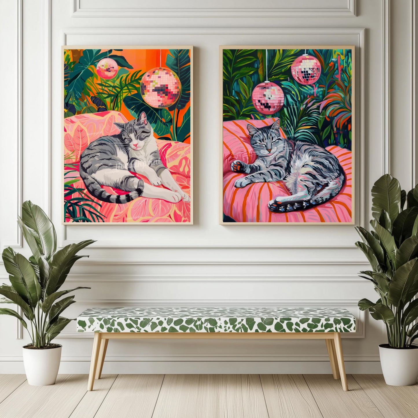 Set of Two Gray Cat Art Prints – Gray Cat Wall White and Gray Cat Gray Tabby Cat Art Disco Cat Prints Cozy Grey Tabby Cat Art Print