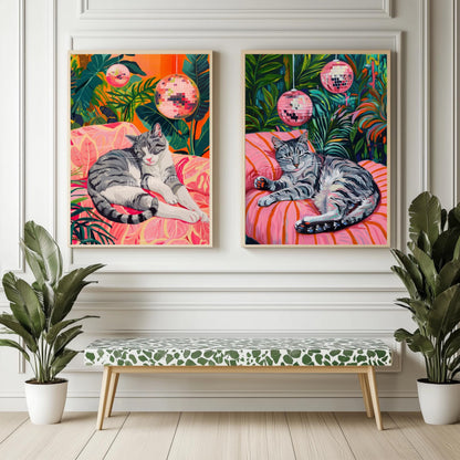 Set of Two Gray Cat Art Prints – Gray Cat Wall White and Gray Cat Gray Tabby Cat Art Disco Cat Prints Cozy Grey Tabby Cat Art Print