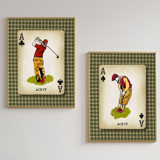 Set of Two Golf Prints For Wall – Vintage Golf Playing Card Wall Art Scotish Golf Decor Men’s Office Golf Gift for Husband Golfing Grandpa