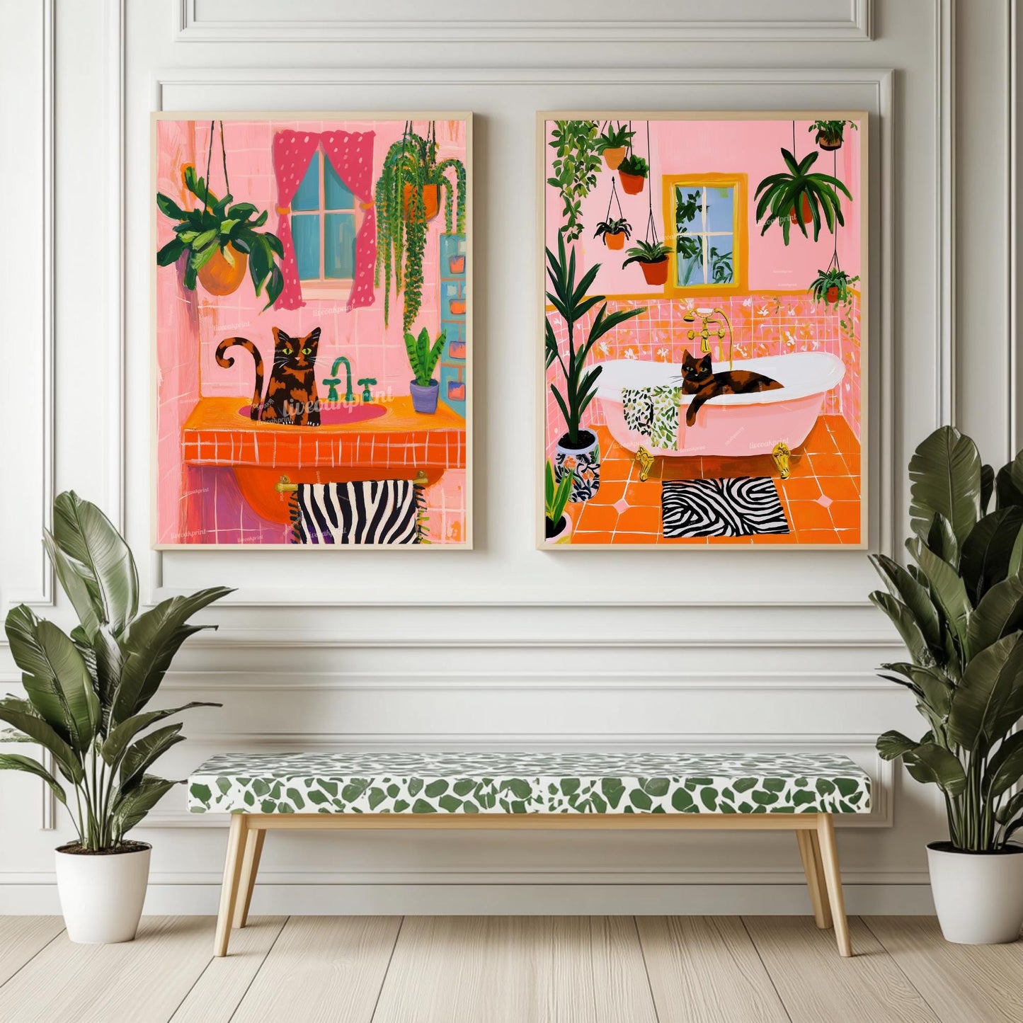 Tortie Cat Bathroom Wall Art Set of Two – Tortoiseshell Cat Art For Bathroom, Powder Room Wall Decor, Pink & Orange Cat Wall Decor