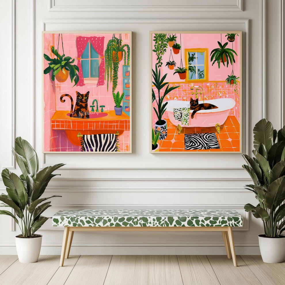 Tortie Cat Bathroom Wall Art Set of Two – Tortoiseshell Cat Art For Bathroom, Powder Room Wall Decor, Pink & Orange Cat Wall Decor
