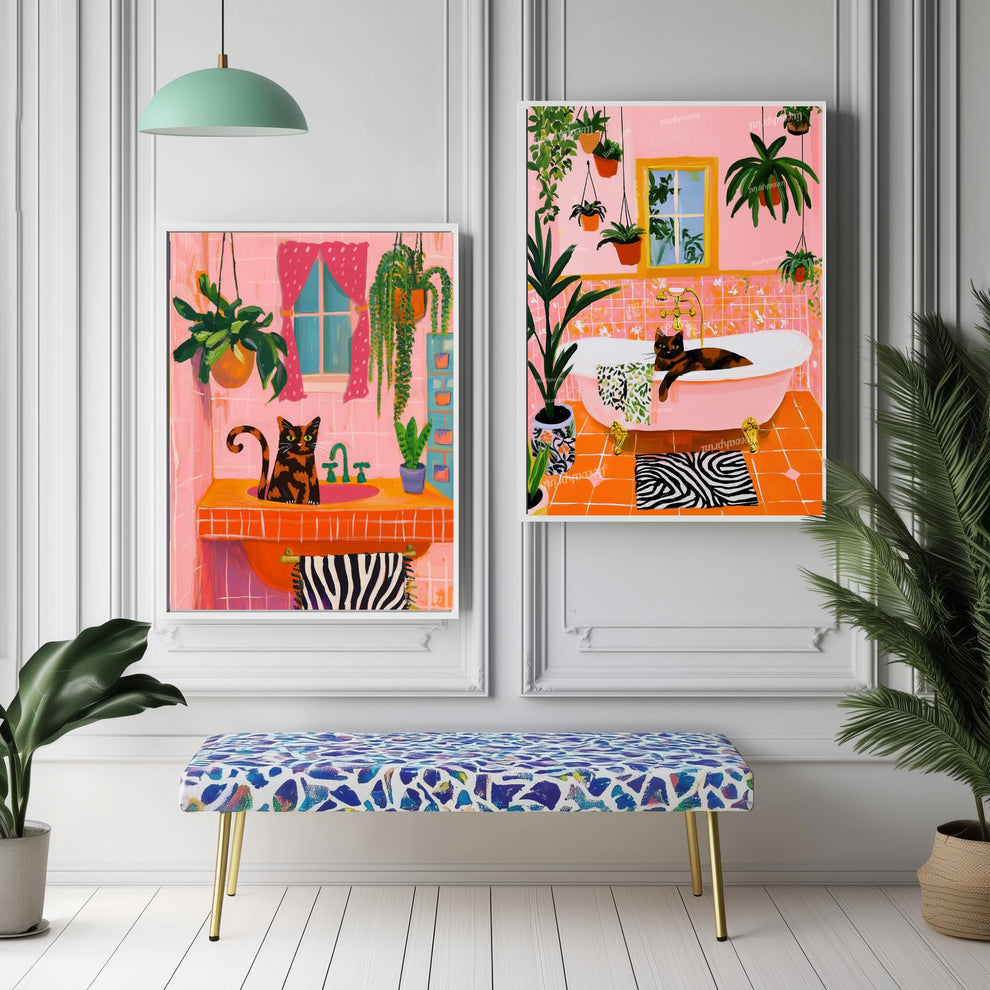Tortie Cat Bathroom Wall Art Set of Two – Tortoiseshell Cat Art For Bathroom, Powder Room Wall Decor, Pink & Orange Cat Wall Decor
