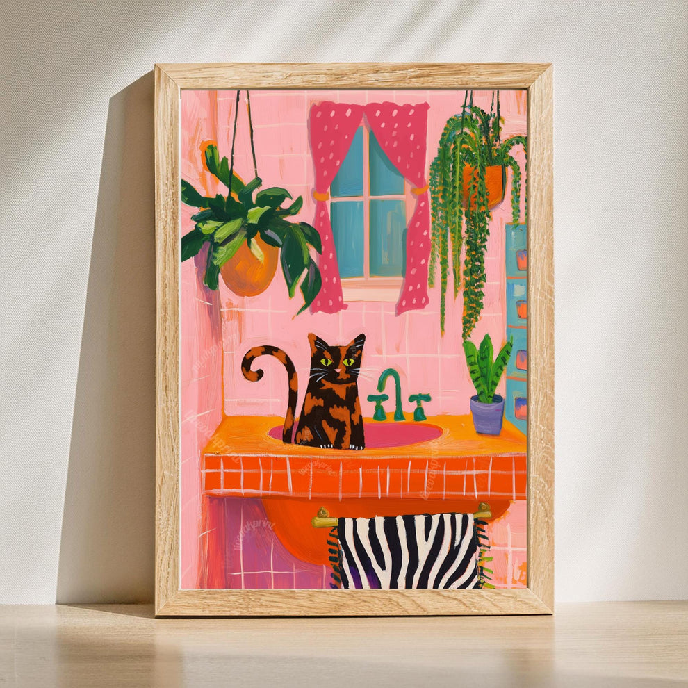Tortie Cat Bathroom Wall Art Set of Two – Tortoiseshell Cat Art For Bathroom, Powder Room Wall Decor, Pink & Orange Cat Wall Decor