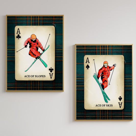 Set of Two Retro Ski Art Prints - Ace Of Skis Wall Art Skiing Wall Decor Apres Ski Aesthetic Ski Lodge Decor Winter Wall Art Gift for Skiers