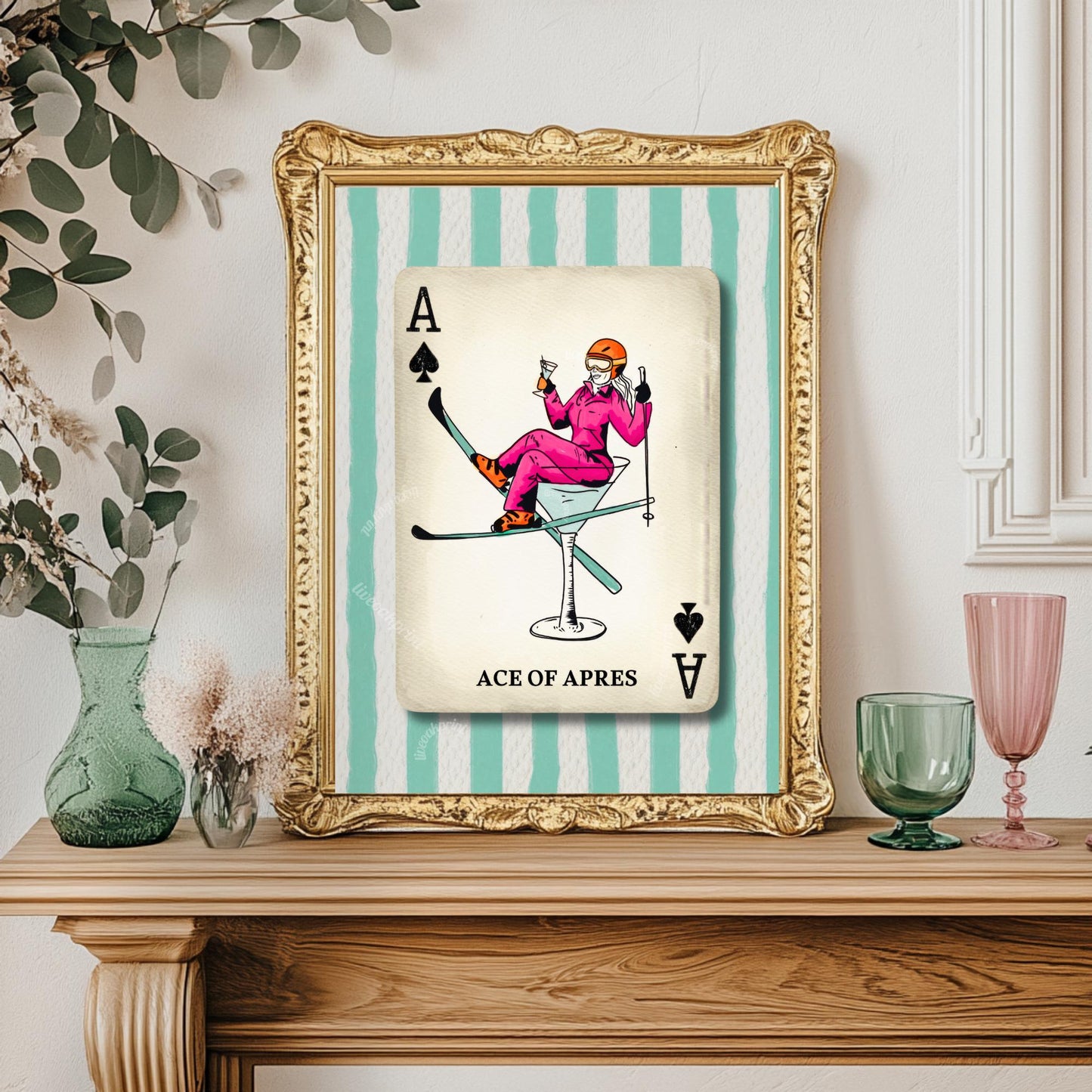 Apres Ski Print - Ski Wall Decor Funky Vintage Skiing Wall Decor Skier Art Print Retro Trendy Playing Card Wall Print