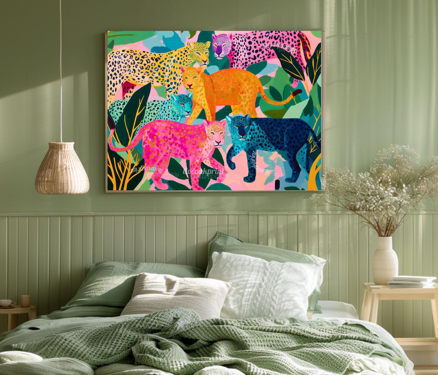 Horizontal Colorful Leopard Art Print - Whimsical Jungle Wall Art Pink & Blue Leopard Poster Modern Maximalist Animal Decor Framed