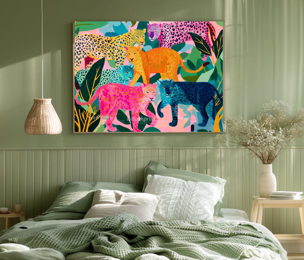 Horizontal Colorful Leopard Art Print - Whimsical Jungle Wall Art Pink & Blue Leopard Poster Modern Maximalist Animal Decor Framed