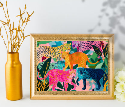 Horizontal Colorful Leopard Art Print - Whimsical Jungle Wall Art Pink & Blue Leopard Poster Modern Maximalist Animal Decor Framed