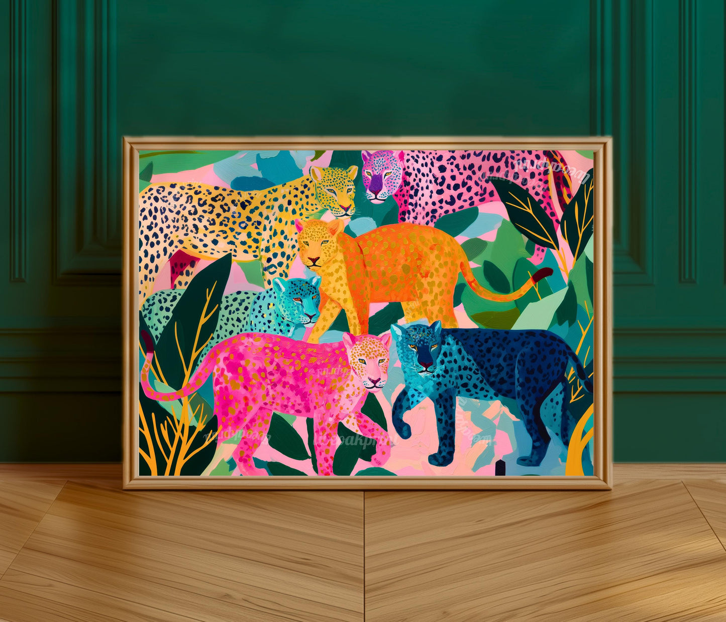 Horizontal Colorful Leopard Art Print - Whimsical Jungle Wall Art Pink & Blue Leopard Poster Modern Maximalist Animal Decor Framed