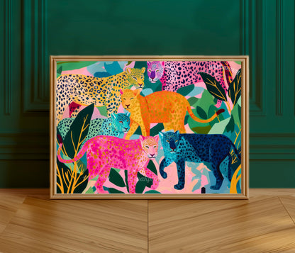 Horizontal Colorful Leopard Art Print - Whimsical Jungle Wall Art Pink & Blue Leopard Poster Modern Maximalist Animal Decor Framed