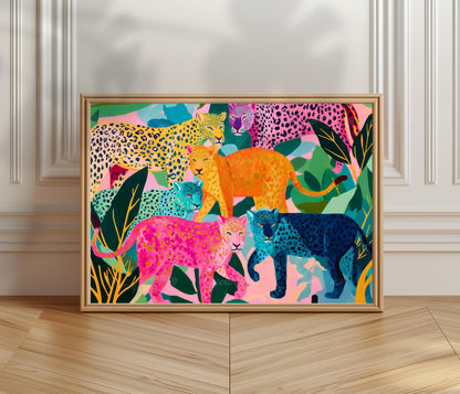 Horizontal Colorful Leopard Art Print - Whimsical Jungle Wall Art Pink & Blue Leopard Poster Modern Maximalist Animal Decor Framed