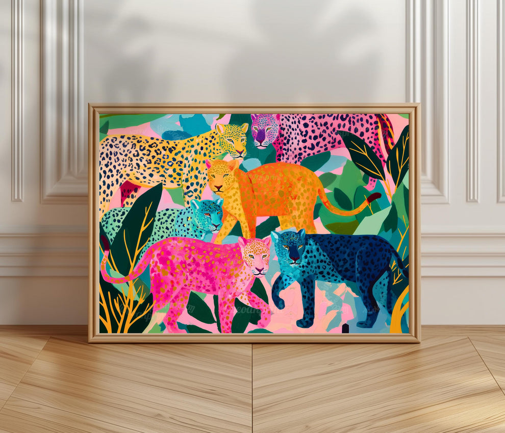 Horizontal Colorful Leopard Art Print - Whimsical Jungle Wall Art Pink & Blue Leopard Poster Modern Maximalist Animal Decor Framed