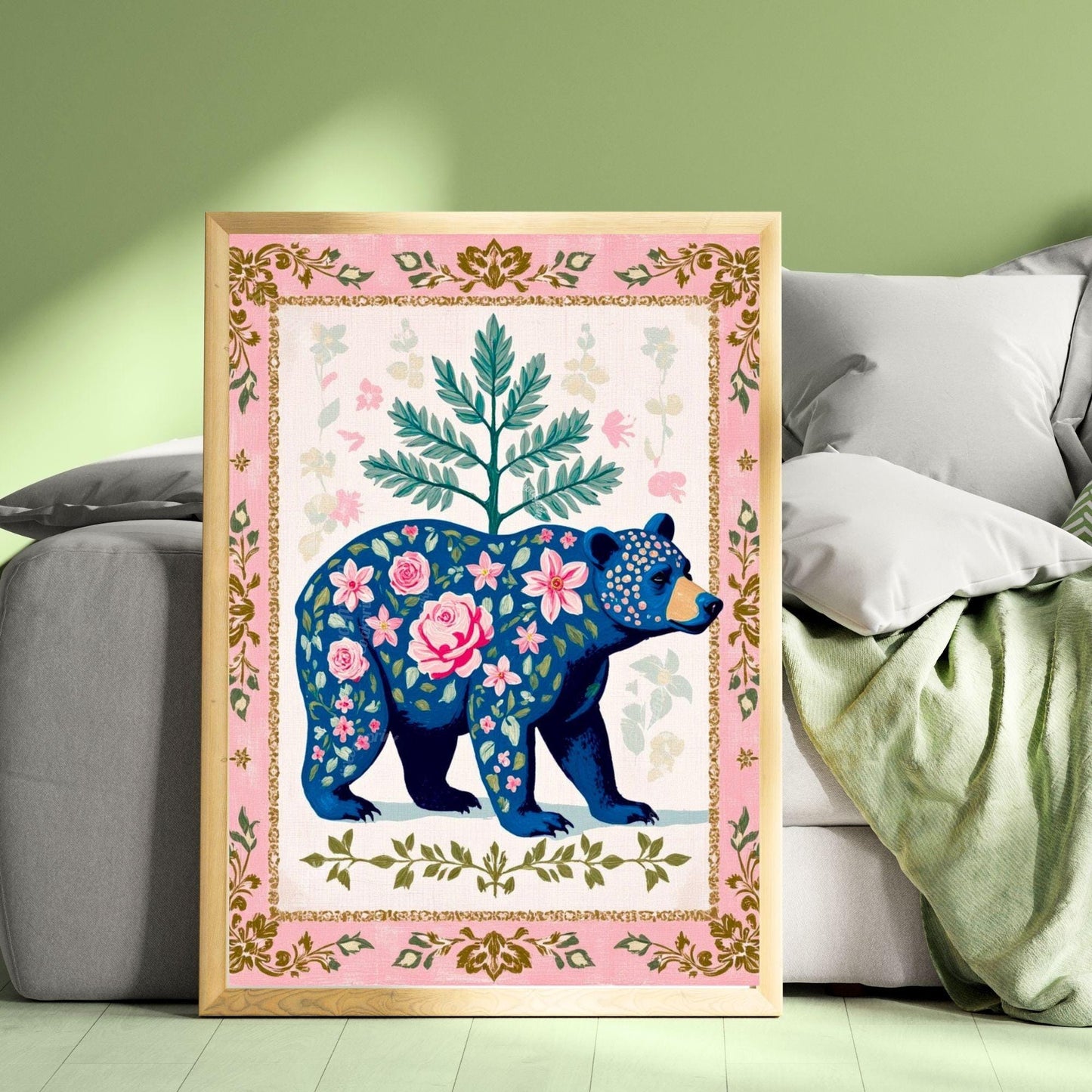 Bear Wall Decor - Boho Bear Art Print Modern Rustic Wall Decor Modern Cabin Wall Art Woodland Animal Nursery Print Pink and Blue Bear Art