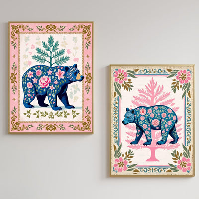 Boho Floral Bear Art Print Set – Pink and Blue Bear Art Modern Farmhouse Wall Art Woodland Animal Forest Wall Art Nursery Wall Decor Bear
