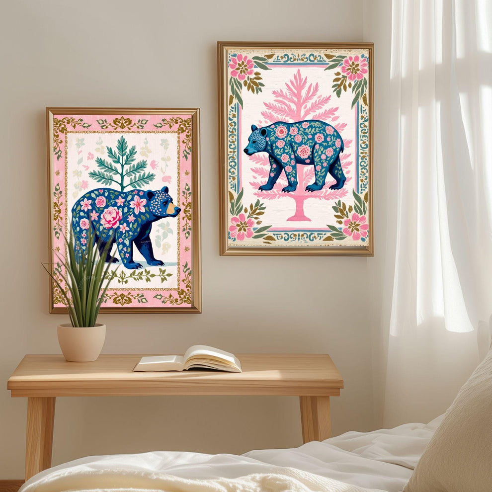 Boho Floral Bear Art Print Set – Pink and Blue Bear Art Modern Farmhouse Wall Art Woodland Animal Forest Wall Art Nursery Wall Decor Bear