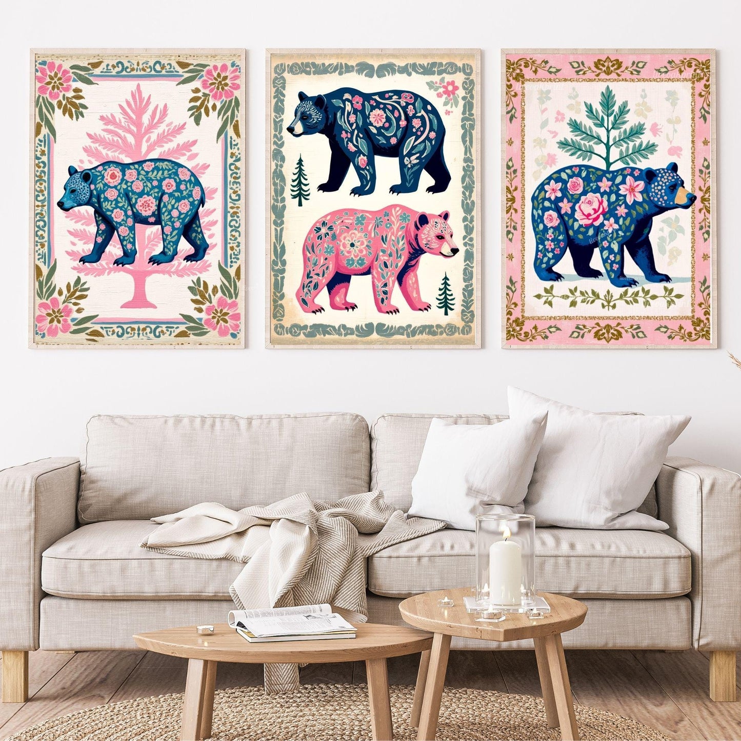 Set of Three Bear Art Prints - Forest Animals Three Print Set Pink and Blue Modern Rustic Decor Nursery Bear Prints Set Pink and Blue