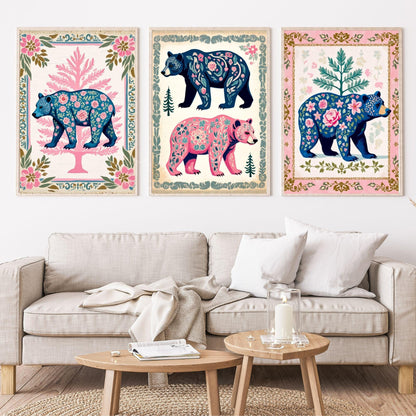 Set of Three Bear Art Prints - Forest Animals Three Print Set Pink and Blue Modern Rustic Decor Nursery Bear Prints Set Pink and Blue