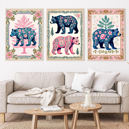 Set of Three Bear Art Prints - Forest Animals Three Print Set Pink and Blue Modern Rustic Decor Nursery Bear Prints Set Pink and Blue
