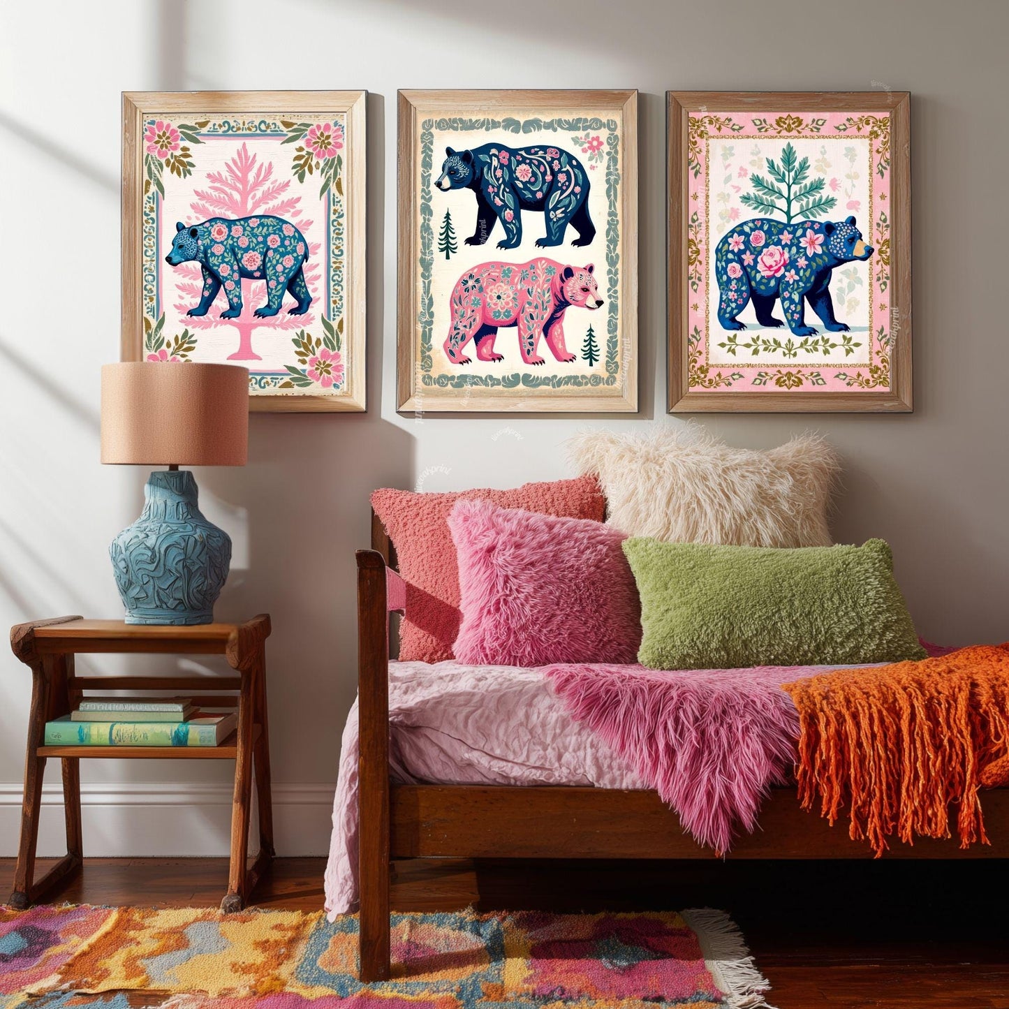 Set of Three Bear Art Prints - Forest Animals Three Print Set Pink and Blue Modern Rustic Decor Nursery Bear Prints Set Pink and Blue