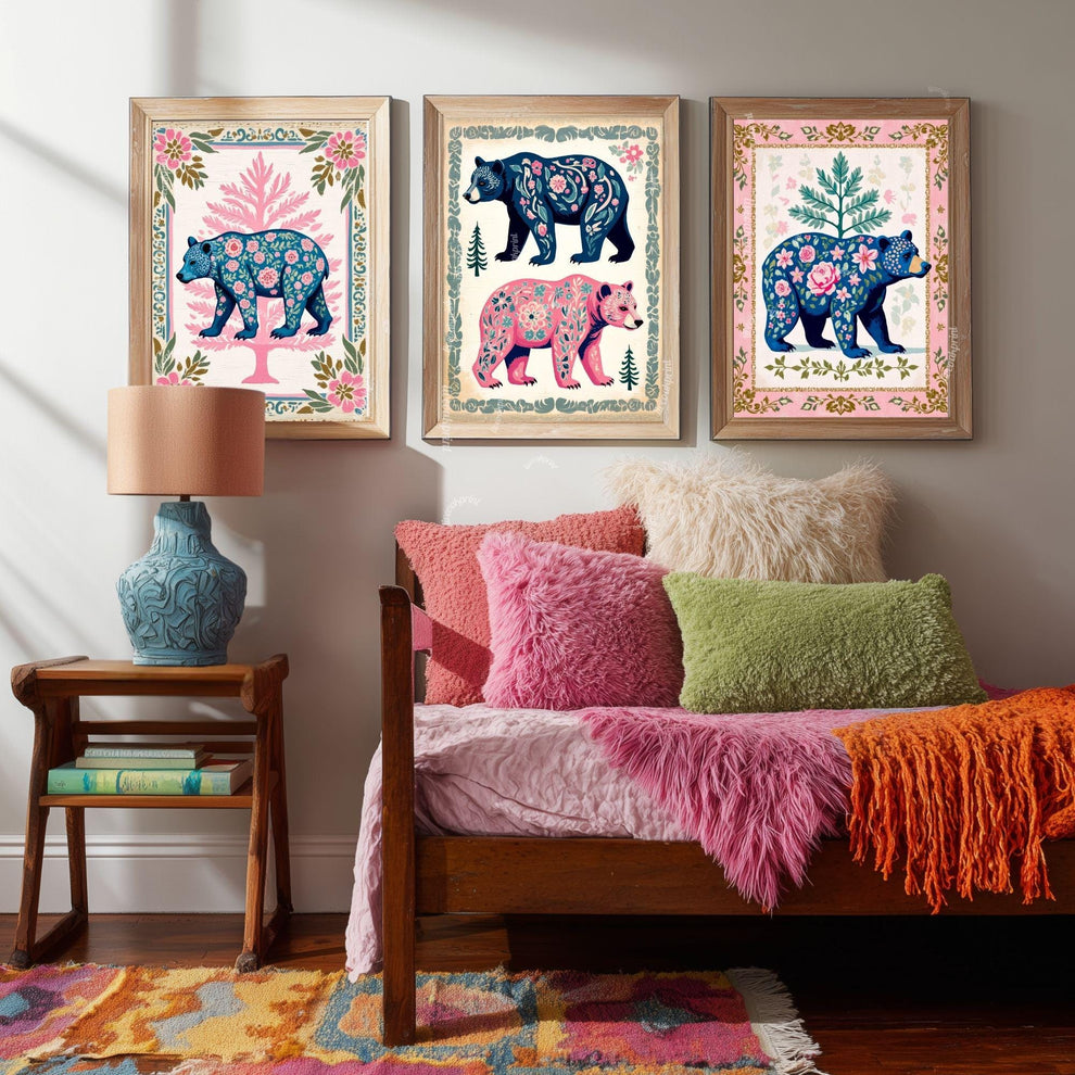 Set of Three Bear Art Prints - Forest Animals Three Print Set Pink and Blue Modern Rustic Decor Nursery Bear Prints Set Pink and Blue