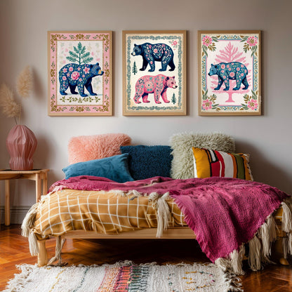 Set of Three Bear Art Prints - Forest Animals Three Print Set Pink and Blue Modern Rustic Decor Nursery Bear Prints Set Pink and Blue