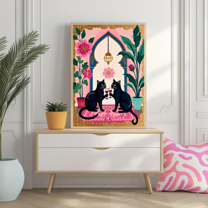 Two Black Cats Drinking Wine - Black Cat Wall Decor Wine Wall Art Black Cat Kitchen Art Wine Bar Decor