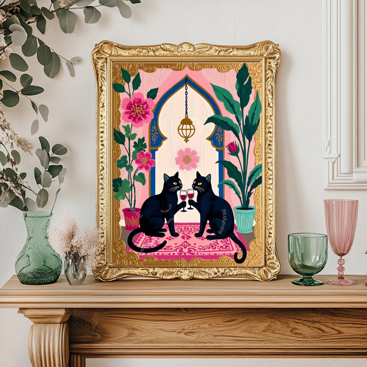 Two Black Cats Drinking Wine - Black Cat Wall Decor Wine Wall Art Black Cat Kitchen Art Wine Bar Decor