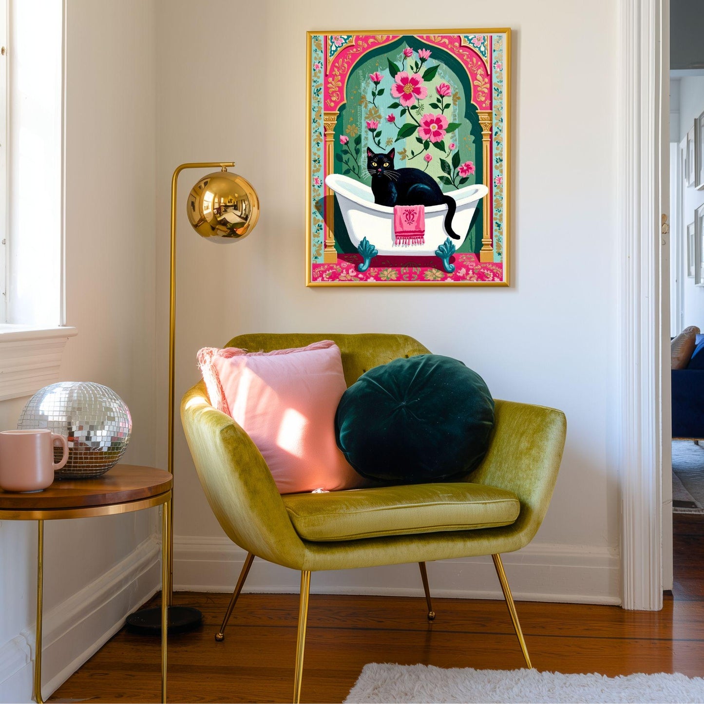Black Cat Bathtub Print Grandmacore Bathroom Art - Pink Floral Powder Room Decor Cat Owner Gift Ideas