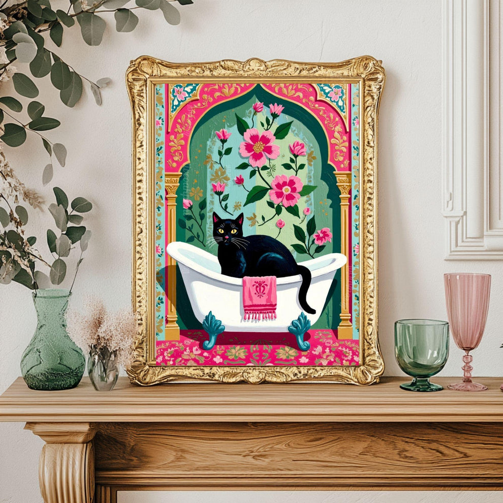 Black Cat Bathtub Print Grandmacore Bathroom Art - Pink Floral Powder Room Decor Cat Owner Gift Ideas