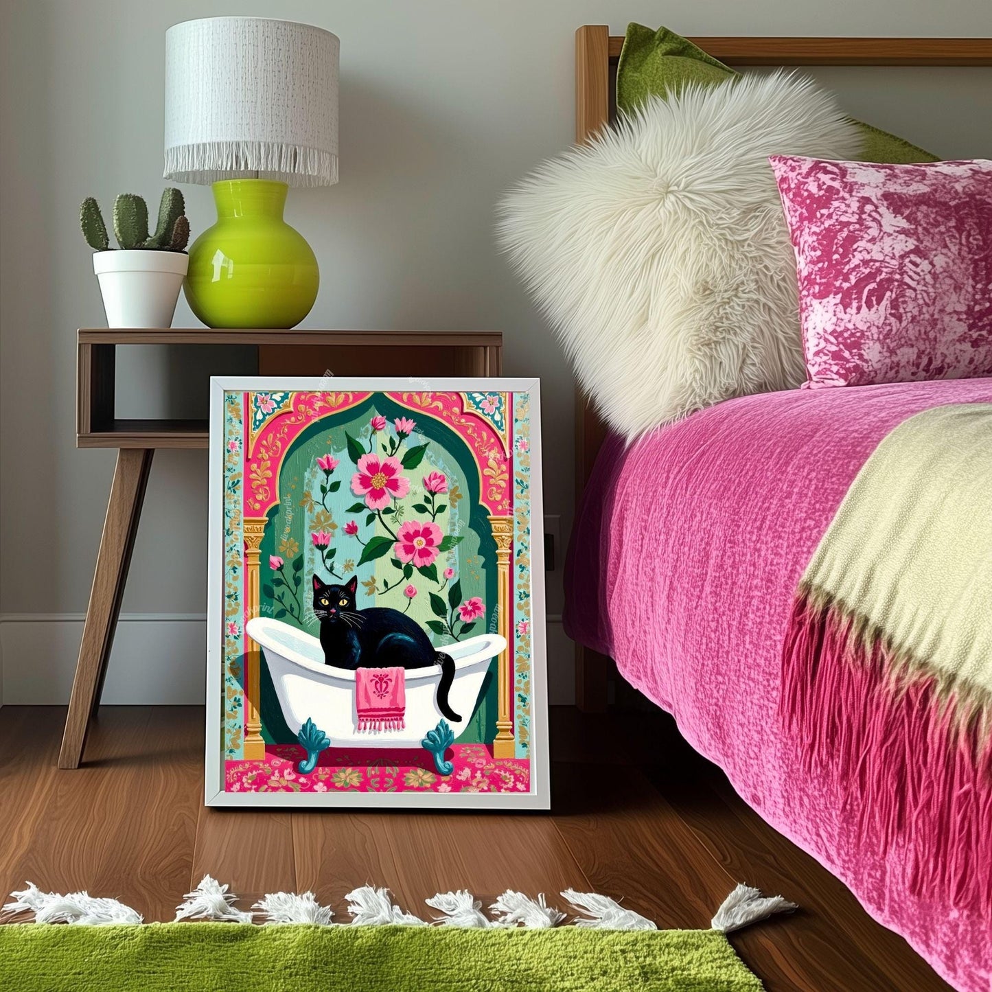 Black Cat Bathtub Print Grandmacore Bathroom Art - Pink Floral Powder Room Decor Cat Owner Gift Ideas