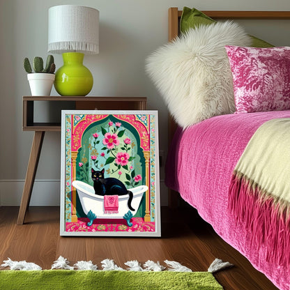 Black Cat Bathtub Print Grandmacore Bathroom Art - Pink Floral Powder Room Decor Cat Owner Gift Ideas