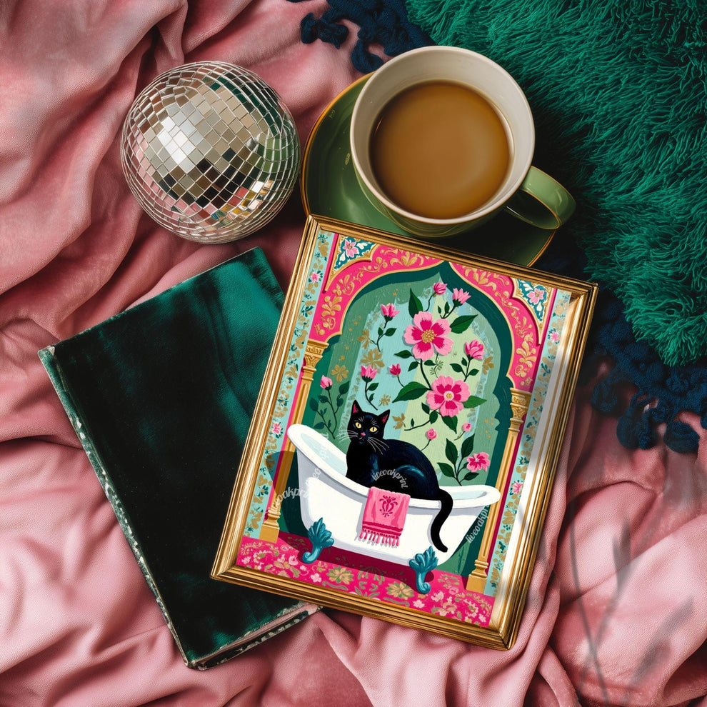 Black Cat Bathtub Print Grandmacore Bathroom Art - Pink Floral Powder Room Decor Cat Owner Gift Ideas