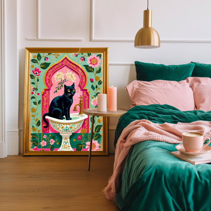 Black Cat Sink Art Print – Grandmacore Bathroom Decor, Pink Floral Powder Room Wall Art, Cat Lover Gift Ideas