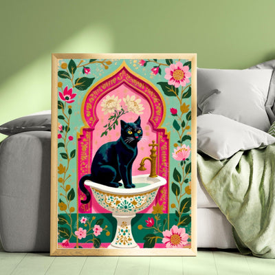 Black Cat Sink Art Print – Grandmacore Bathroom Decor, Pink Floral Powder Room Wall Art, Cat Lover Gift Ideas