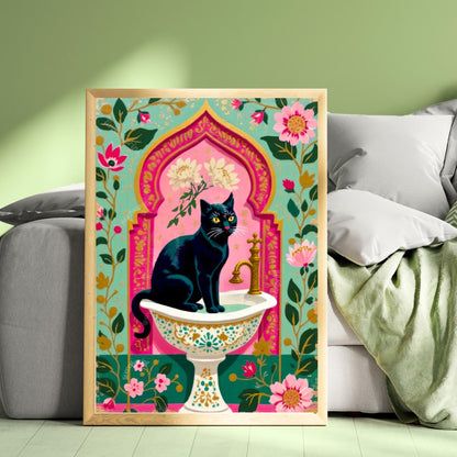 Black Cat Sink Art Print – Grandmacore Bathroom Decor, Pink Floral Powder Room Wall Art, Cat Lover Gift Ideas