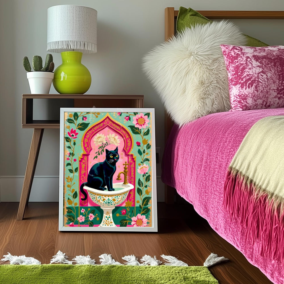 Black Cat Sink Art Print – Grandmacore Bathroom Decor, Pink Floral Powder Room Wall Art, Cat Lover Gift Ideas