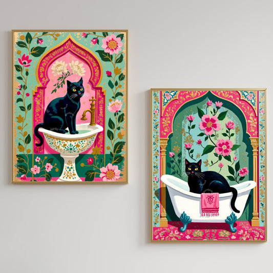 Black Cat Bathroom Wall Art Set Of Two - Grandmacore Wall Art for Powder Room Pink and Green Cat Art Diptych Gift for Cat Owner