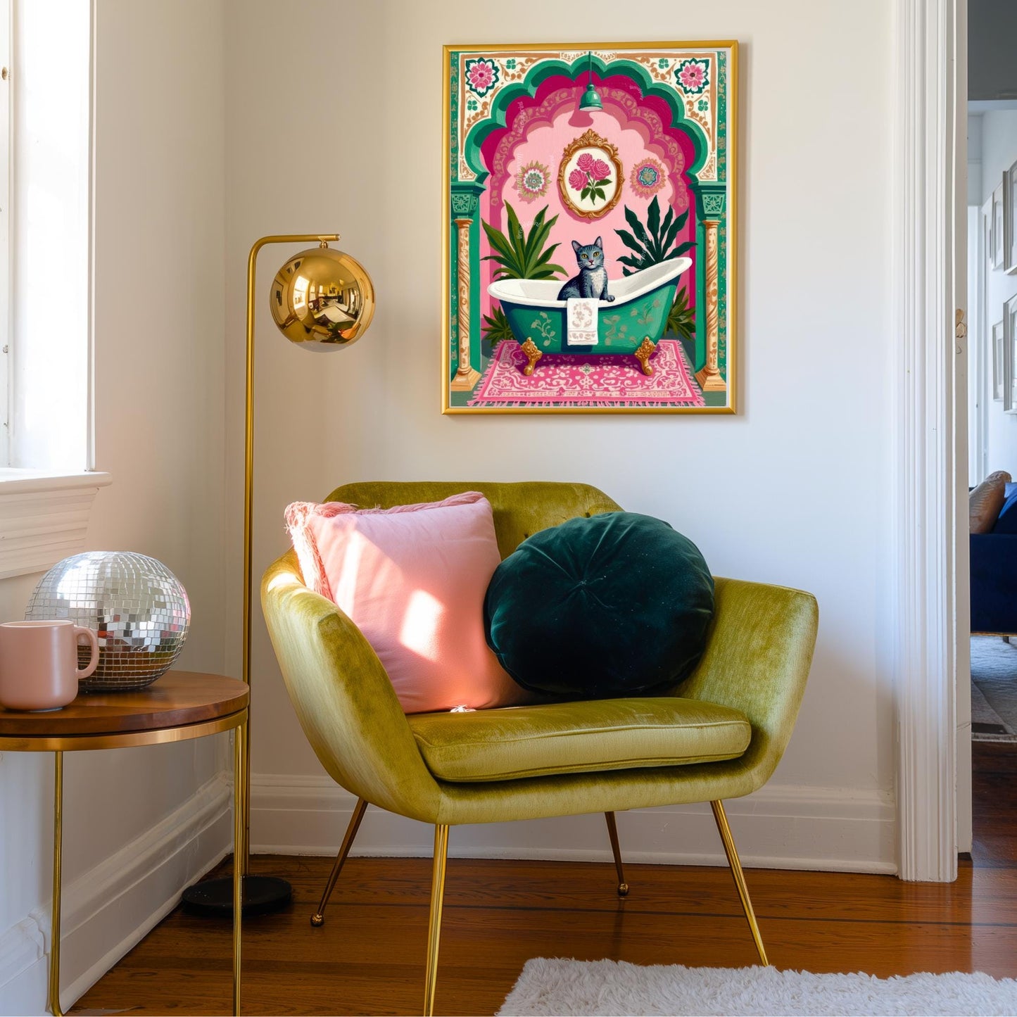 Gray Tabby Cat Bathtub Art Print – Grandmacore Bathroom Decor, Pink Floral Powder Room Wall Art, Cat Lover Gift Ideas 2026