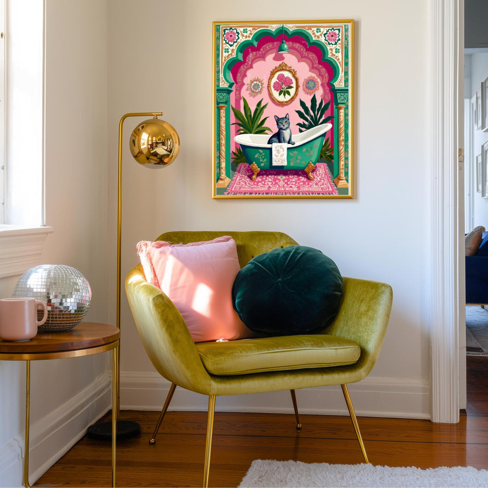 Gray Tabby Cat Bathtub Art Print – Grandmacore Bathroom Decor, Pink Floral Powder Room Wall Art, Cat Lover Gift Ideas 2026