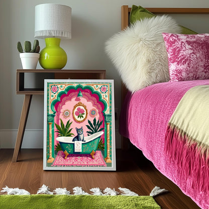 Gray Tabby Cat Bathtub Art Print – Grandmacore Bathroom Decor, Pink Floral Powder Room Wall Art, Cat Lover Gift Ideas 2026
