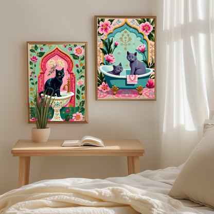 Two Russian Blue Cats Bathtub Art Print – Grandmacore Bathroom Wall Decor, Pink Floral Powder Room Wall Art, Cat Lover Gift