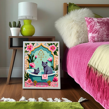 Two Russian Blue Cats Bathtub Art Print – Grandmacore Bathroom Wall Decor, Pink Floral Powder Room Wall Art, Cat Lover Gift